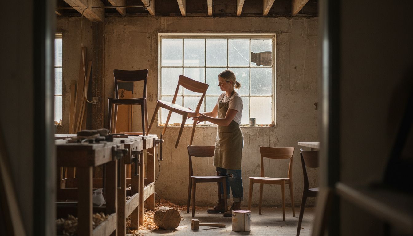 Arranging oak and walnut chairs in workshop
