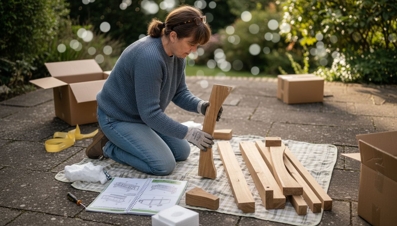 Woman inspecting unpacked garden furniture