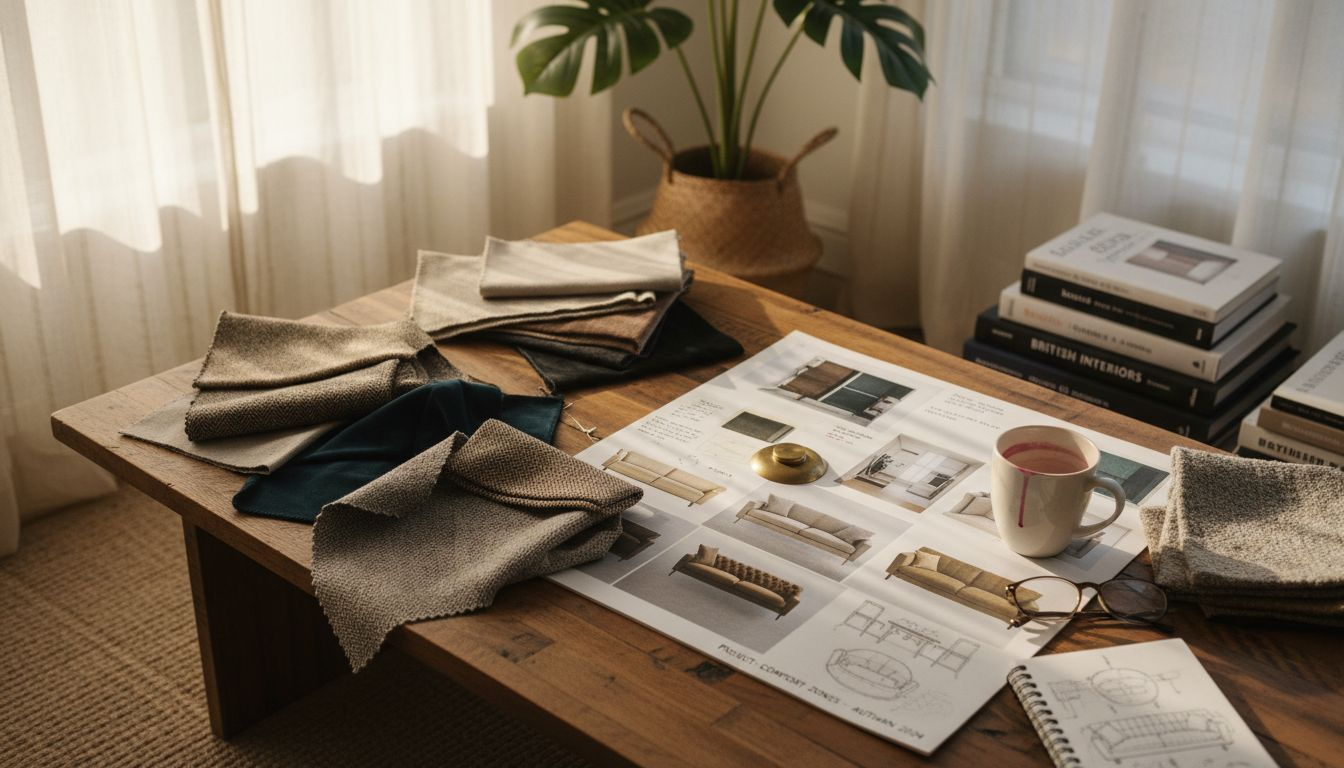 Mood board with sofa fabric swatches