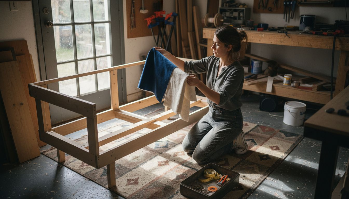 Woman examining sofa fabric samples