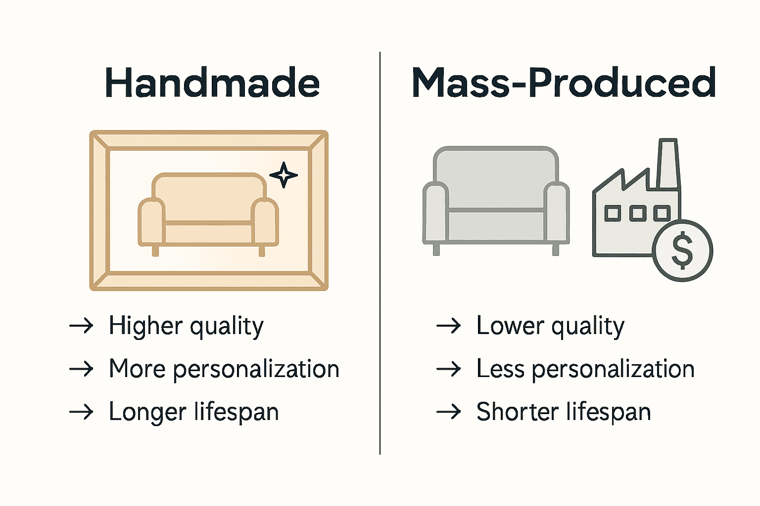 Infographic contrasts handmade vs mass sofas