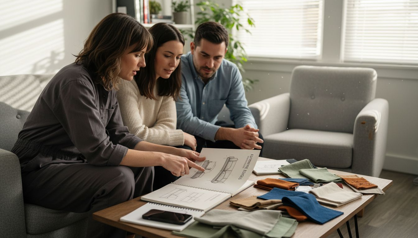 Customers and designer reviewing sofa fabrics
