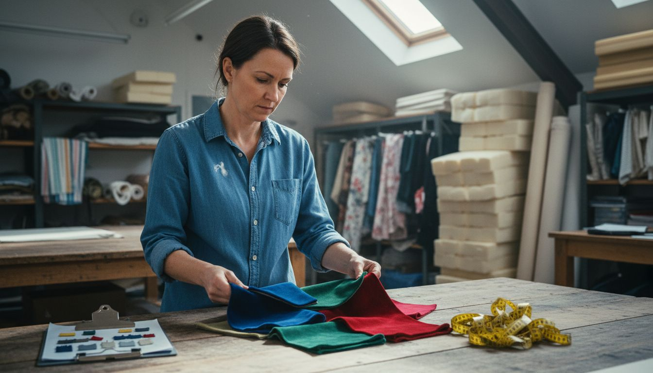 Upholsterer choosing luxury fabric swatches