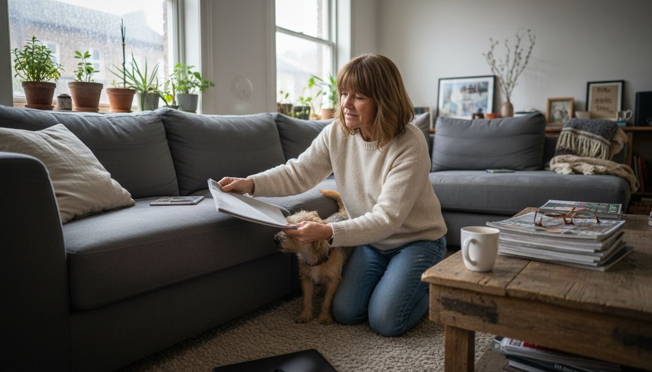 Woman comparing sofa fabric swatches