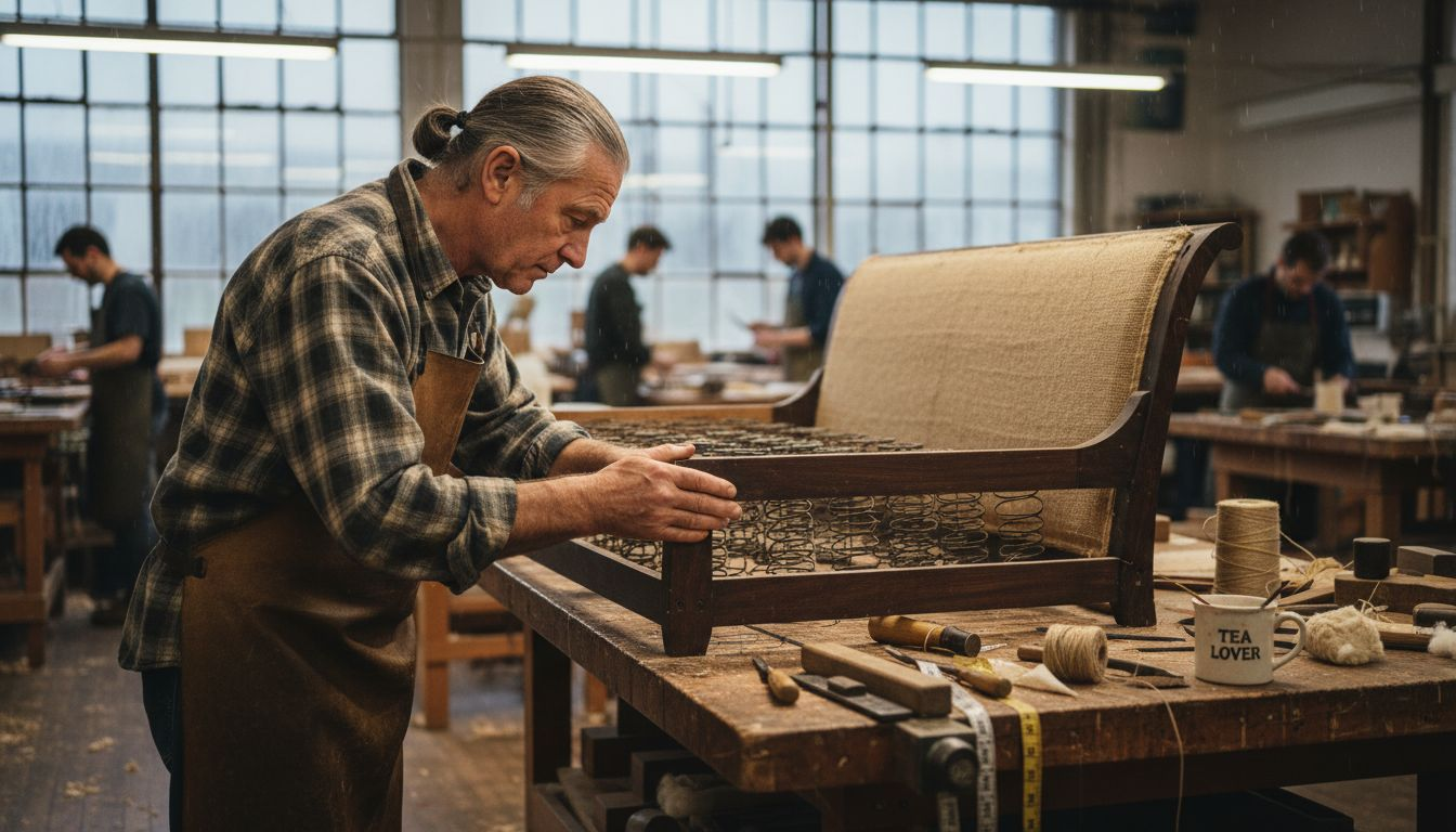 British craftsman assembling sofa frame in workshop