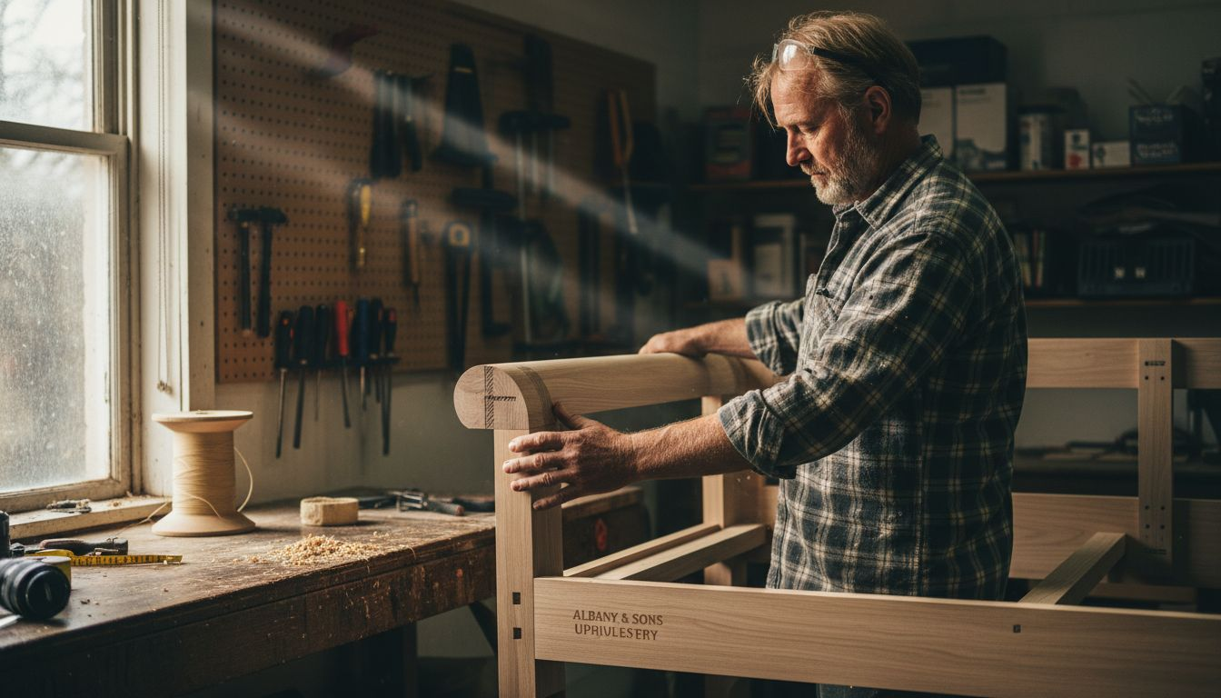 Upholsterer inspecting branded sofa craftsmanship