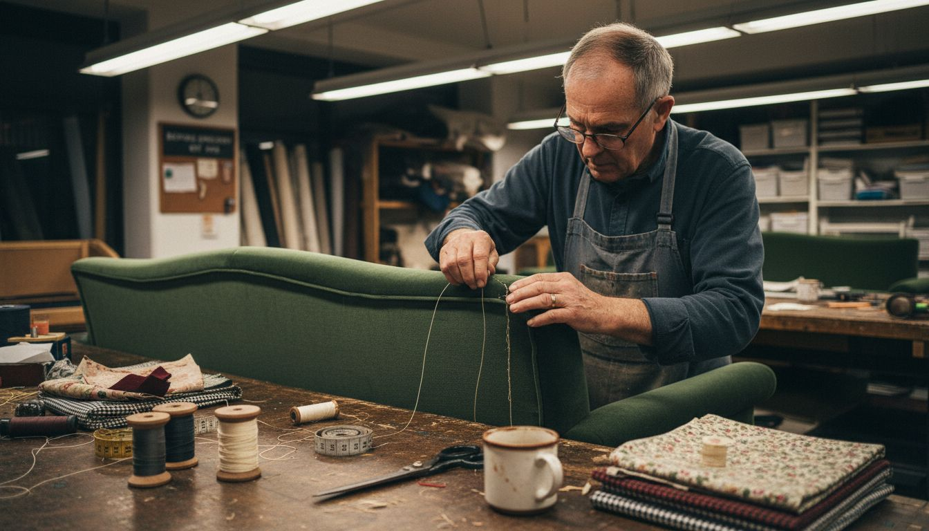 Artisan hand-stitching sofa in upholstery workshop