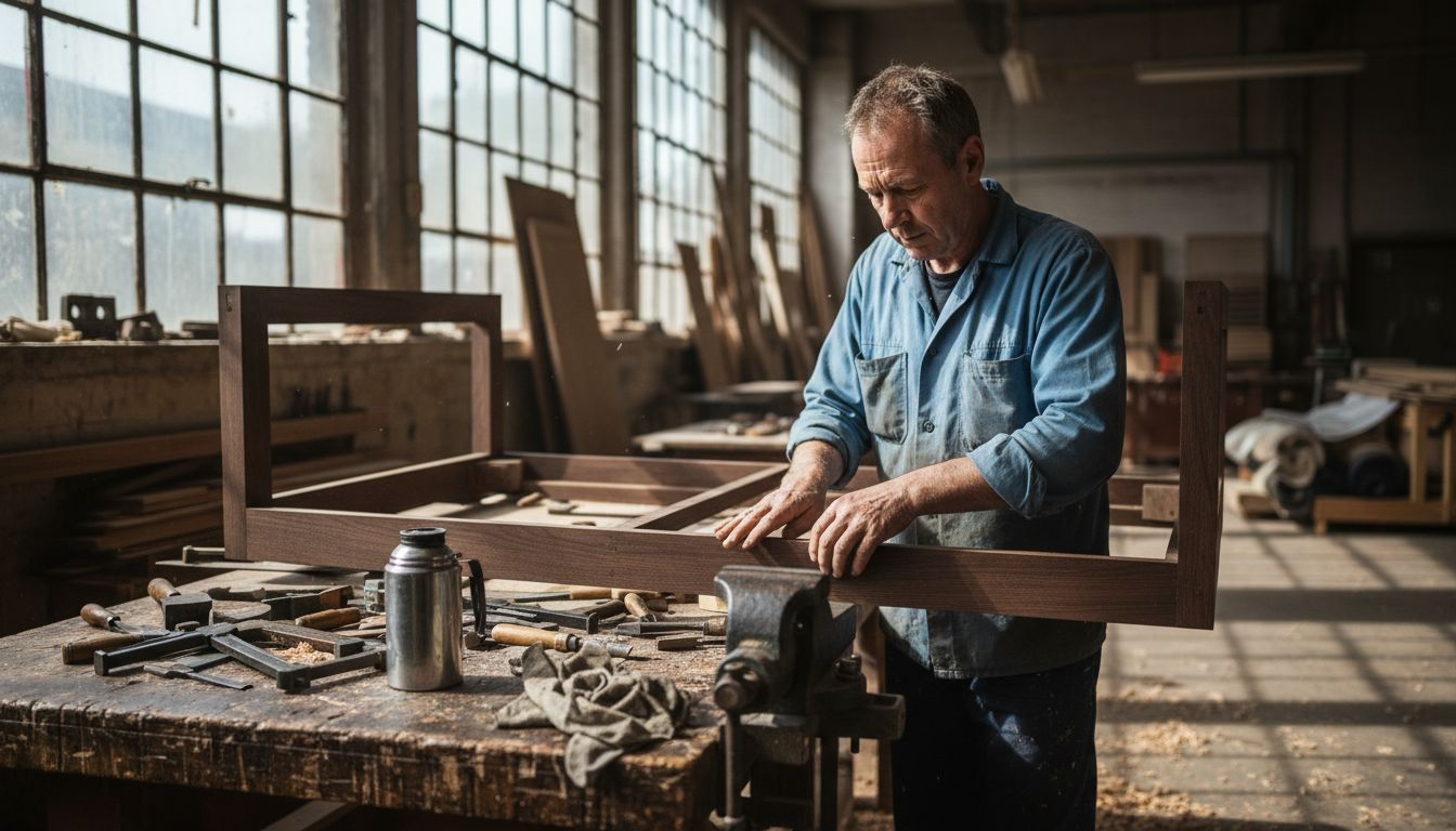 Artisan assembling sofa frame in workshop