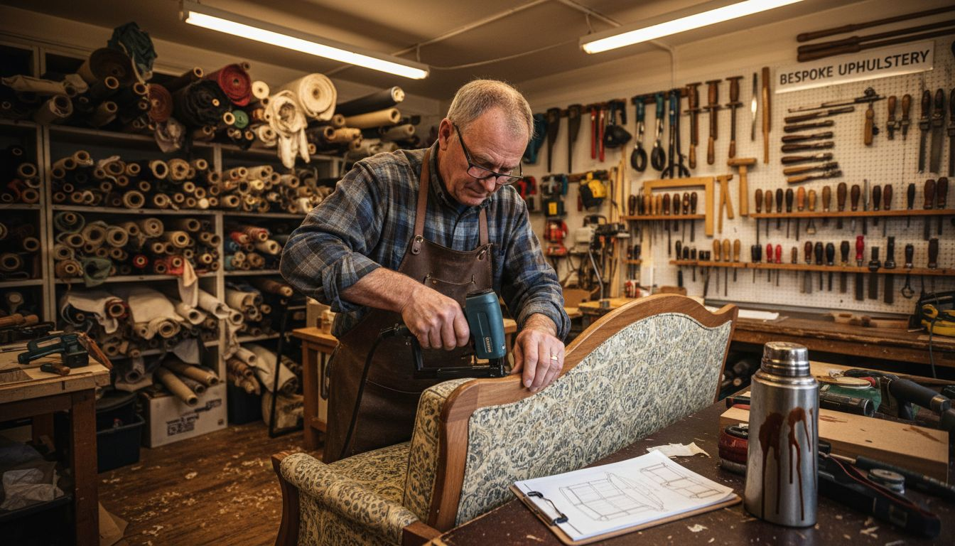 Craftsman assembling branded sofa in workshop