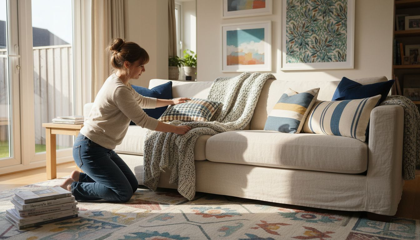 Woman arranging sofa cushions and throw