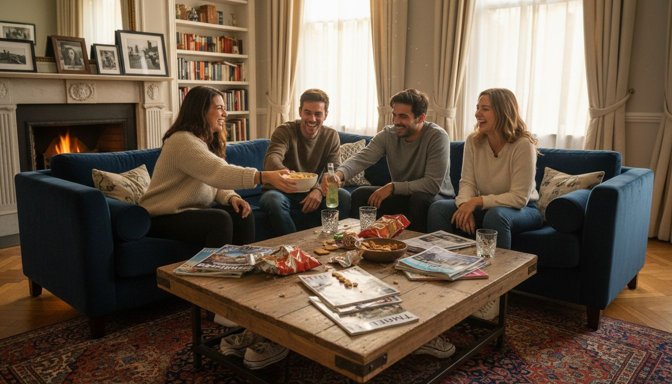 Friends socialising on U-shaped sofa