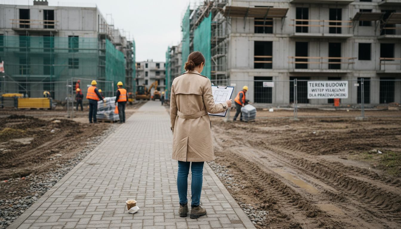 Kobieta nadzoruje plac budowy, analizując projekt budynku.