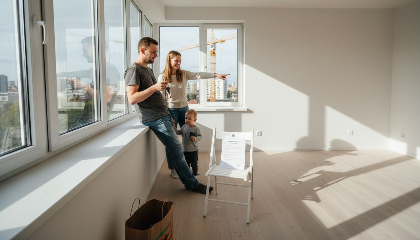 Rodzina wprowadza się do nowego, jeszcze pustego mieszkania i z radością trzyma w rękach klucze do swojego nowego domu.