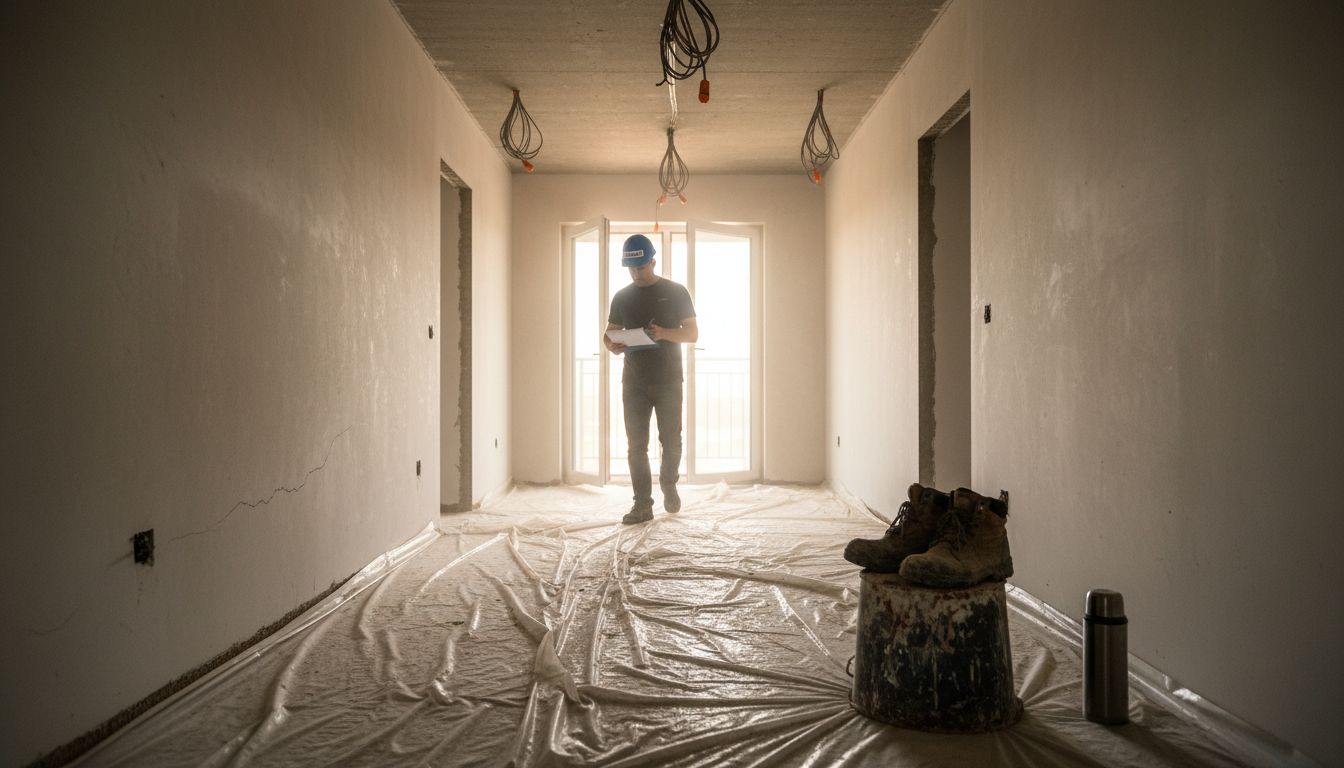 Kierownik budowy sprawdza postęp prac na nieukończonym korytarzu w nowym bloku.