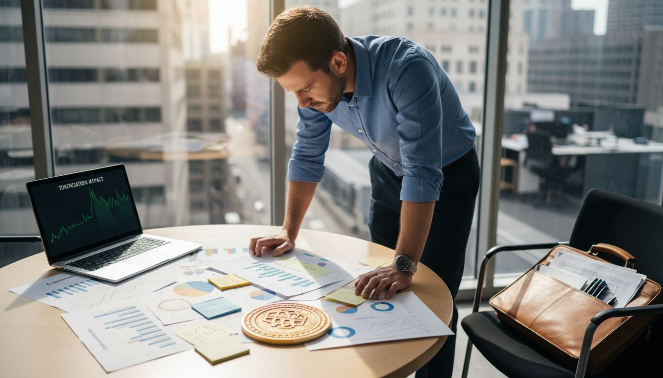 Analyst reviewing tokenization reports in office