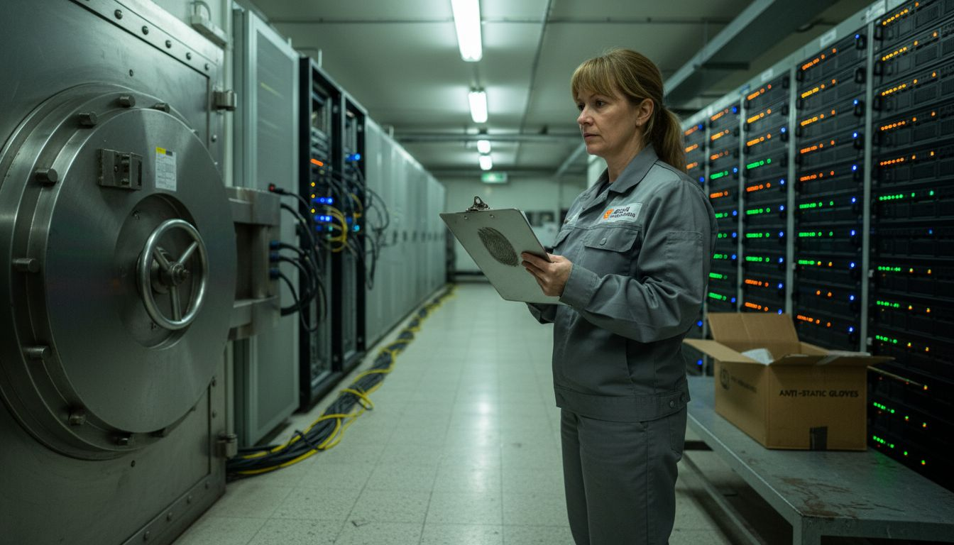 Technician by digital asset vault and servers