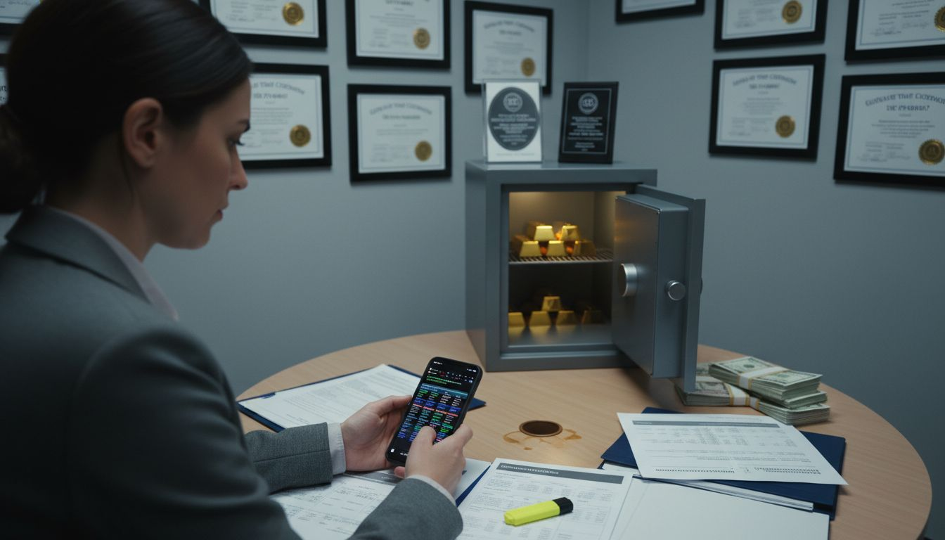 Woman reviewing gold and blockchain records