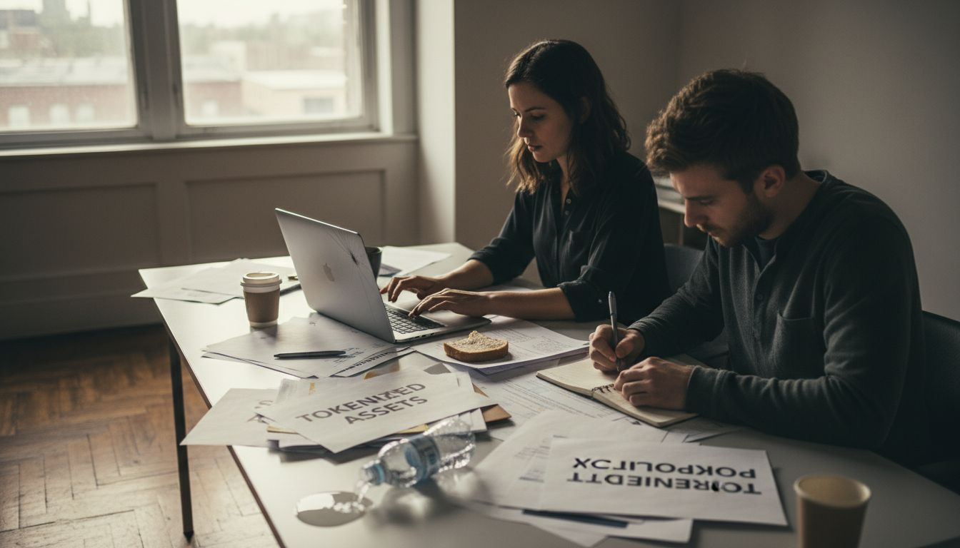 Colleagues discussing cryptocurrency paperwork