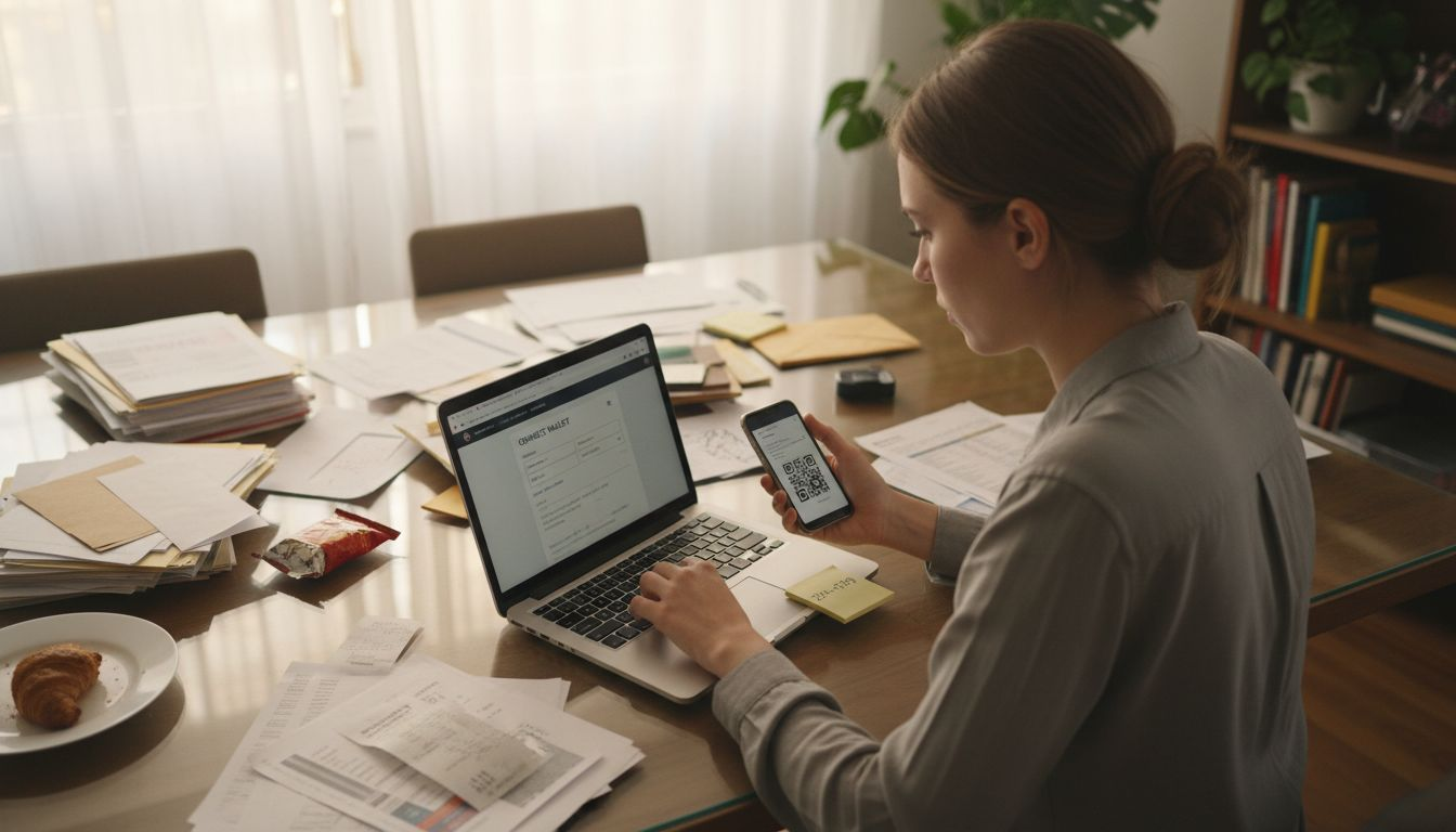 User connecting wallet on cluttered home table
