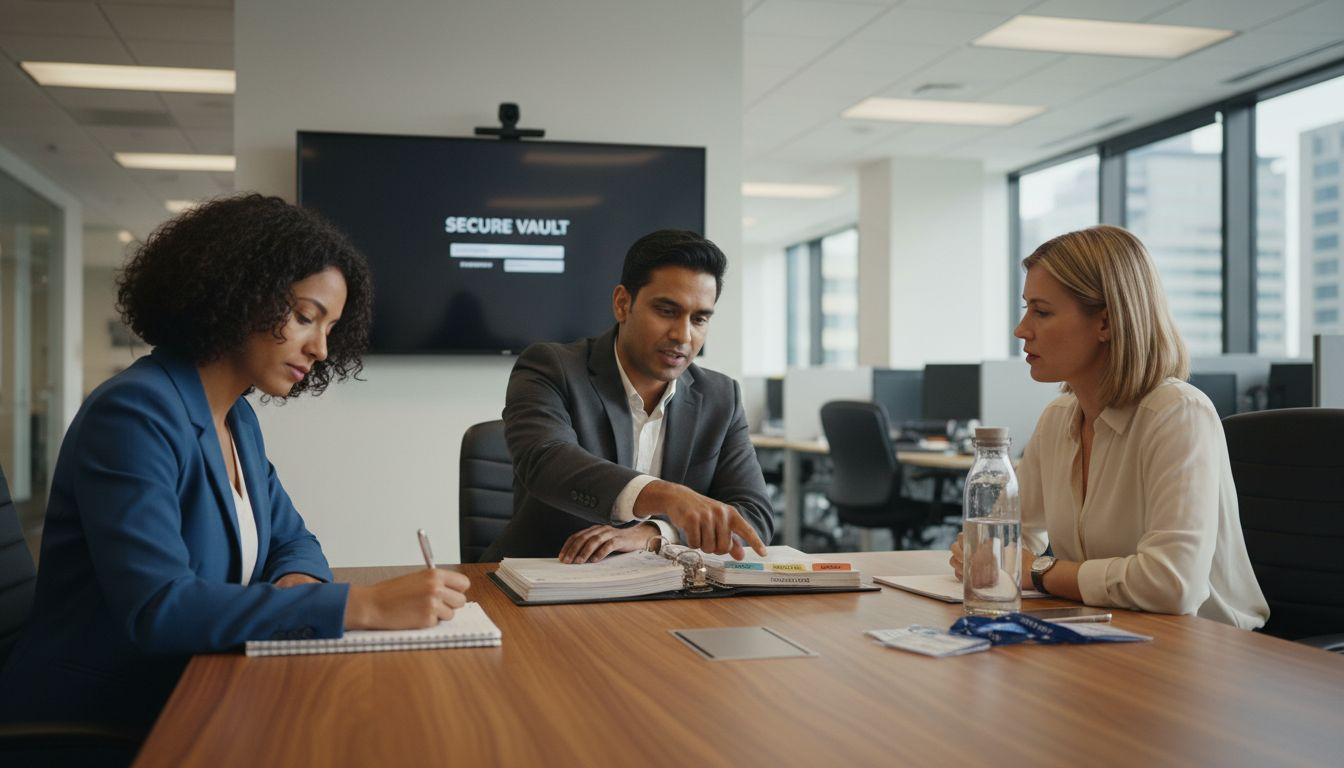 Team discusses secure asset management at conference table