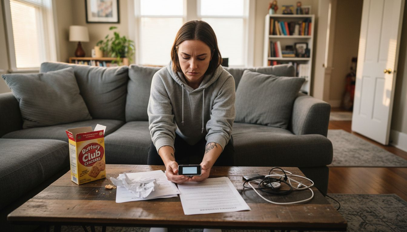 Woman configuring hardware wallet in apartment
