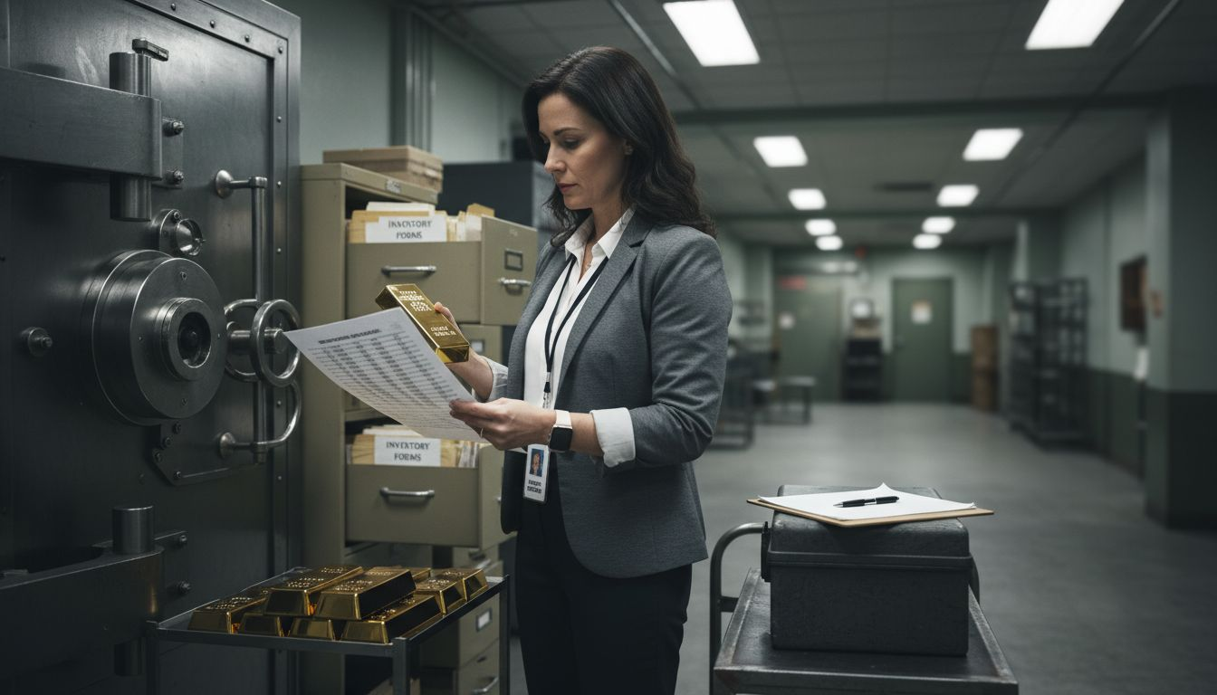 Security manager checking gold bars and documents