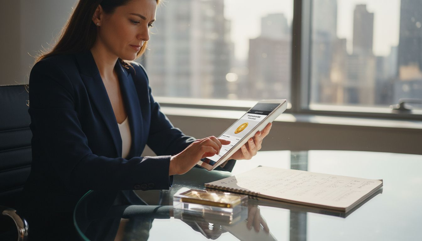 Investor examining gold-backed token app beside gold bar