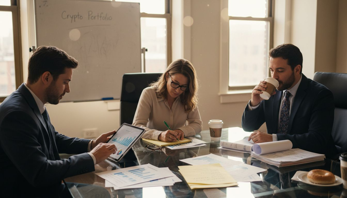 Investors discussing digital assets in meeting room