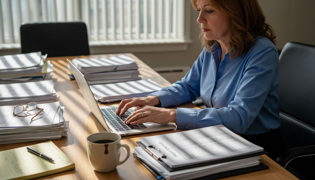 Compliance officer handling blockchain paperwork at desk