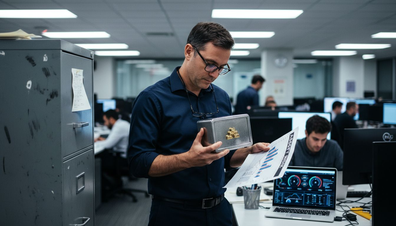 Investor reviewing gold security in busy office