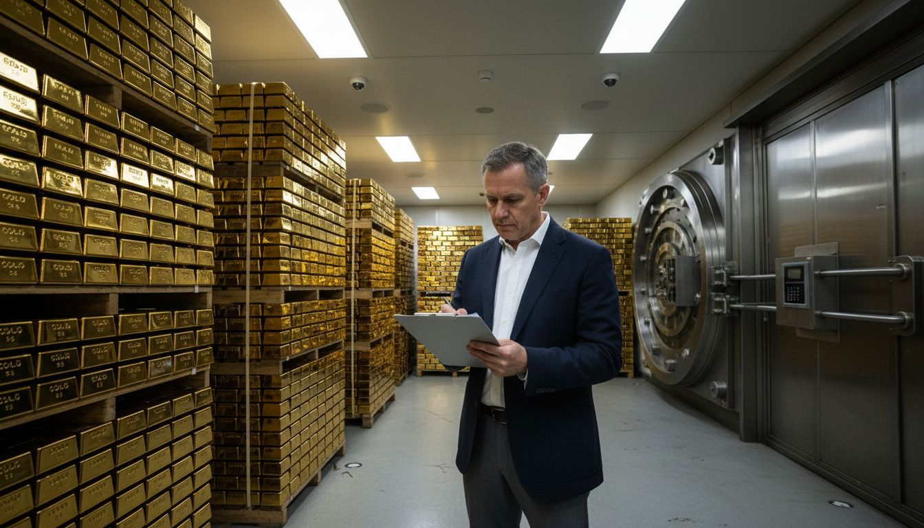 Auditor checks gold bars in climate-controlled vault