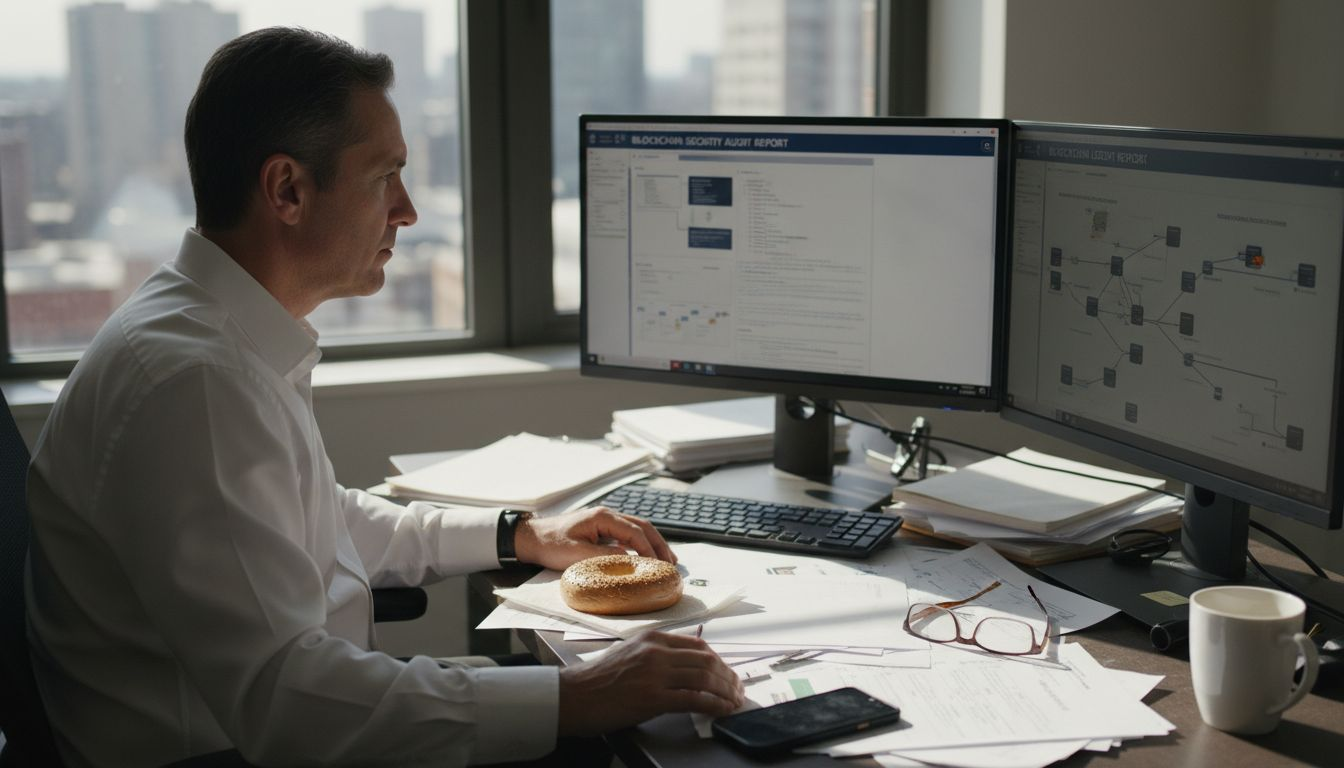 IT auditor reviews blockchain audit at desk