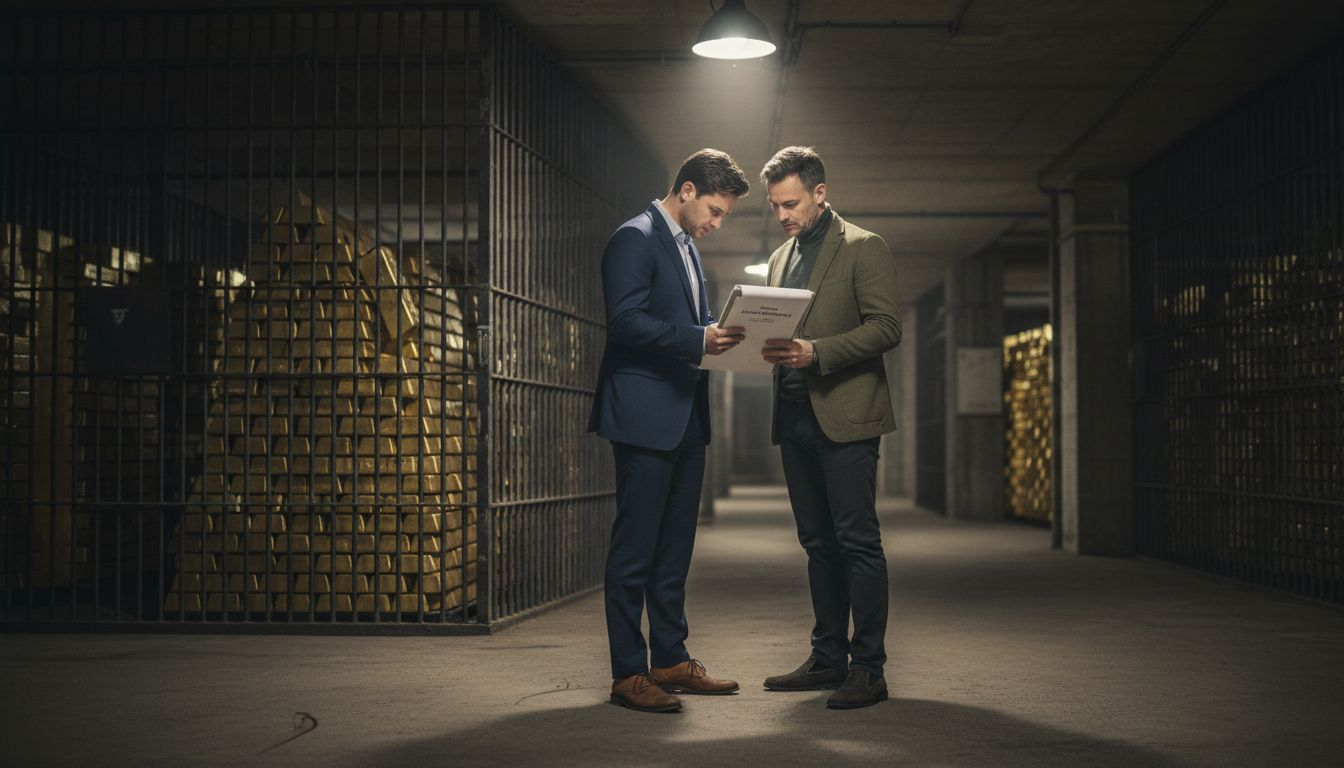 Investors inspecting gold bars in vault