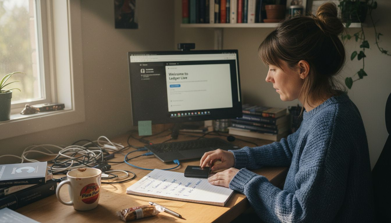 Woman configuring hardware wallet at desk