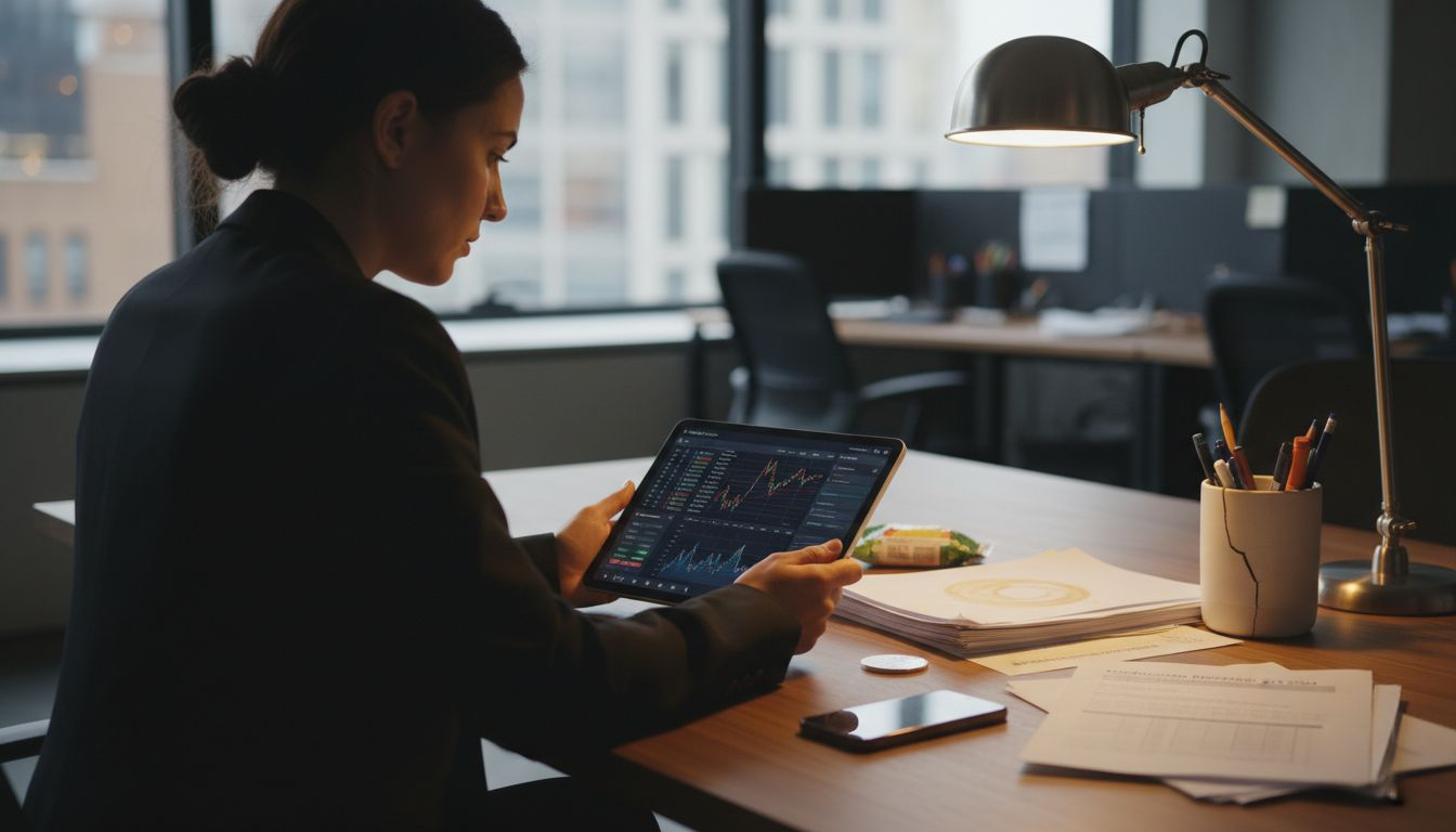 Desk view of blockchain and metal tokens