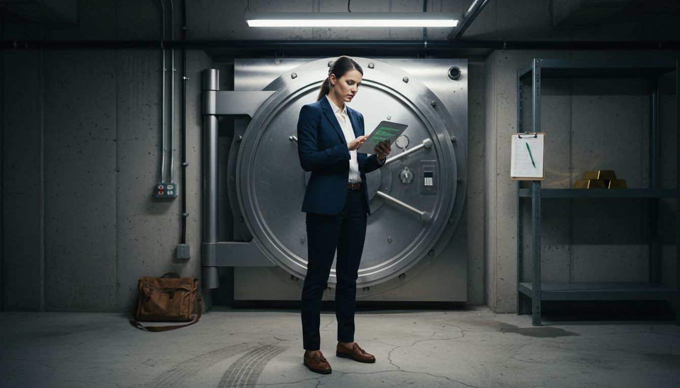 Analyst inspects gold bars and token data in vault