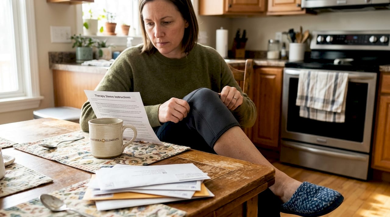 Woman applying joint therapy sleeve at kitchen table