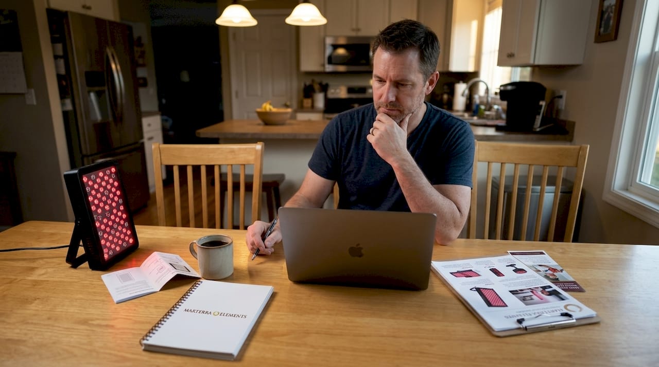 Man comparing home and clinic red light therapy devices
