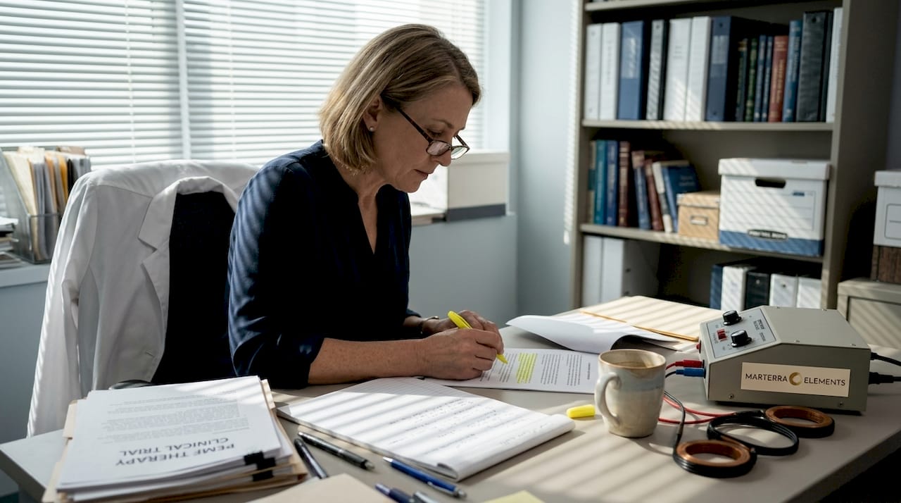 Clinician reviewing PEMF research at desk