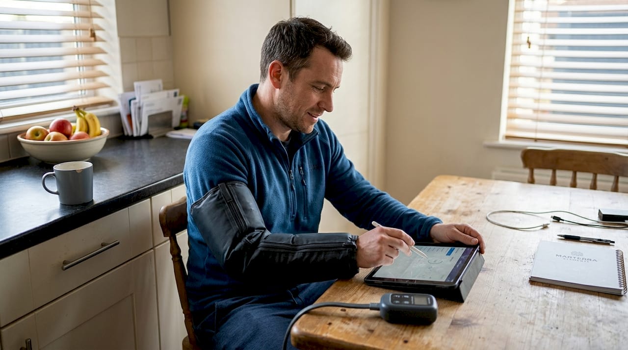 Man using compression arm sleeve in kitchen