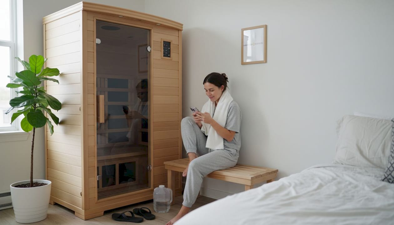 Woman starting infrared sauna session at home