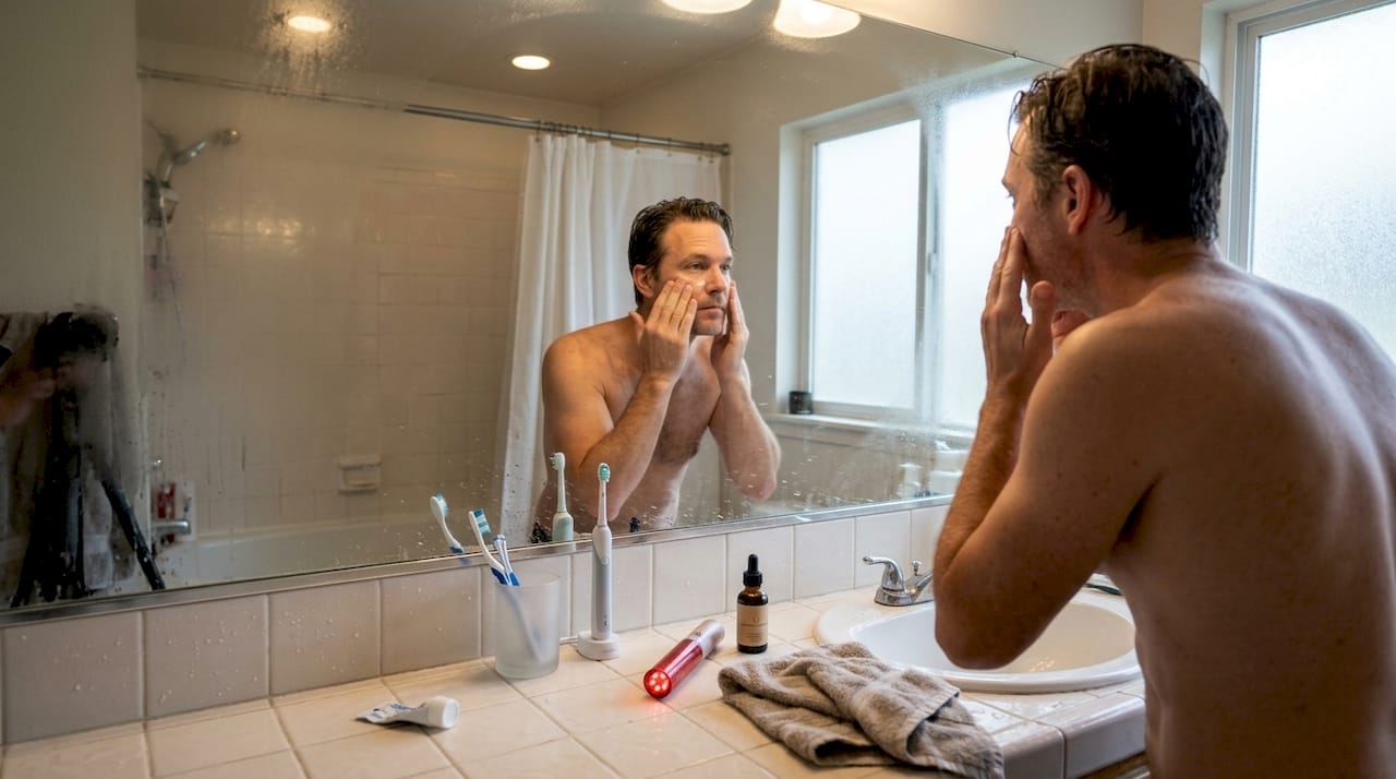 Man using red light skin therapy at home