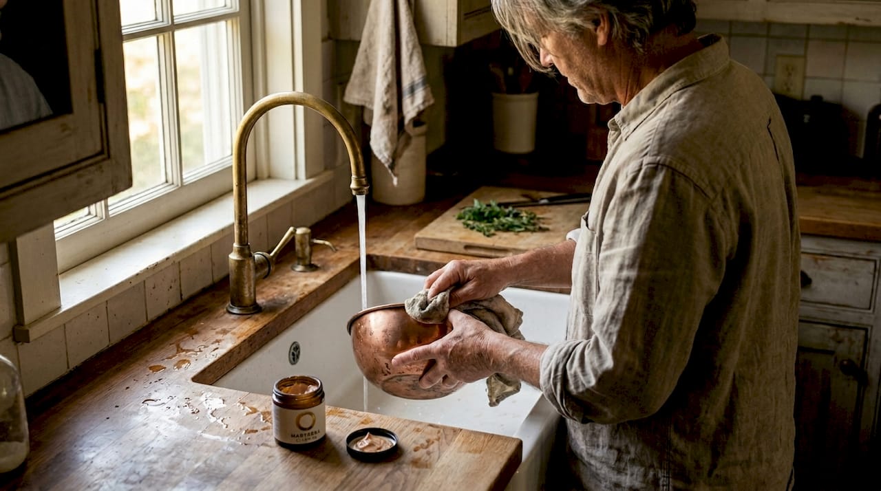 Person cleaning copper bowl at sink