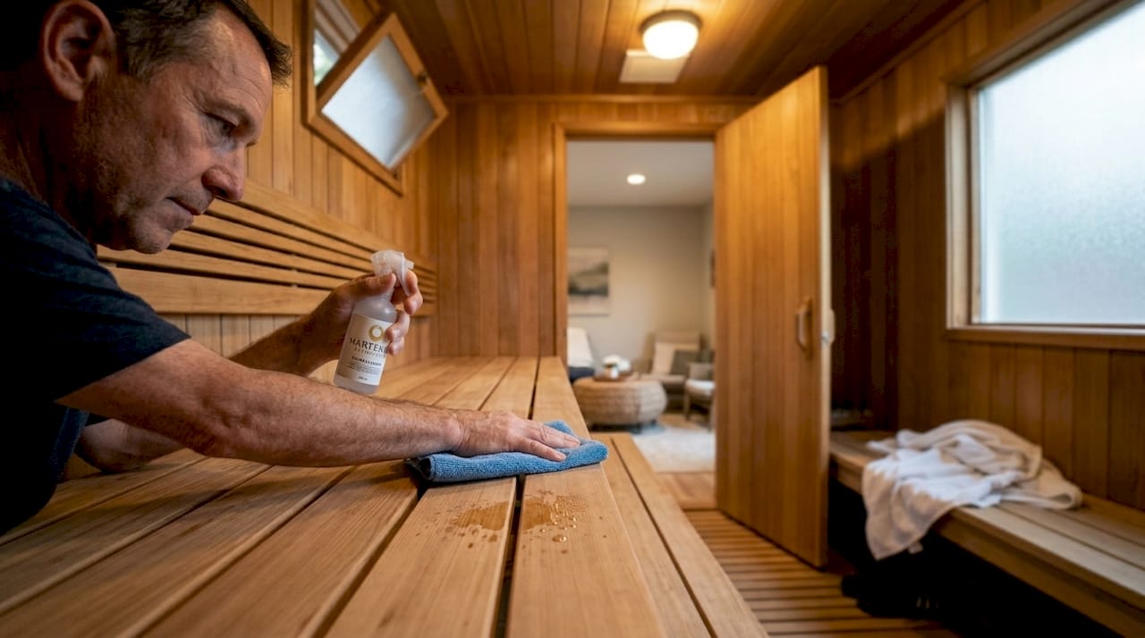 Man cleaning wooden sauna bench
