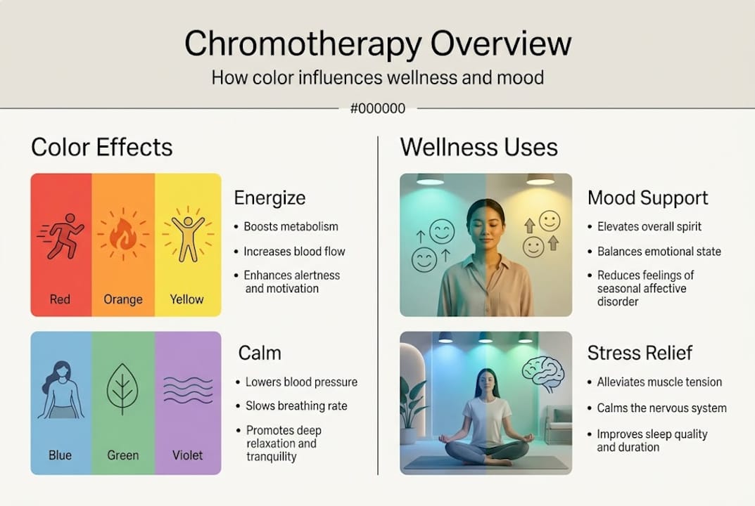 Infographic summarizing chromotherapy effects and uses