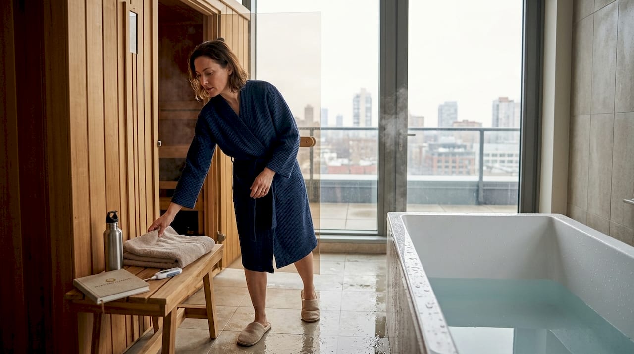 Woman alternating sauna and cold plunge
