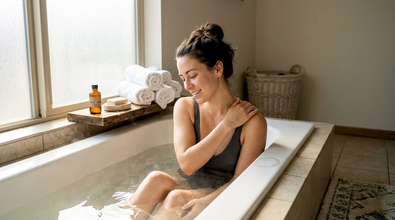 Woman in hot tub easing shoulder tension