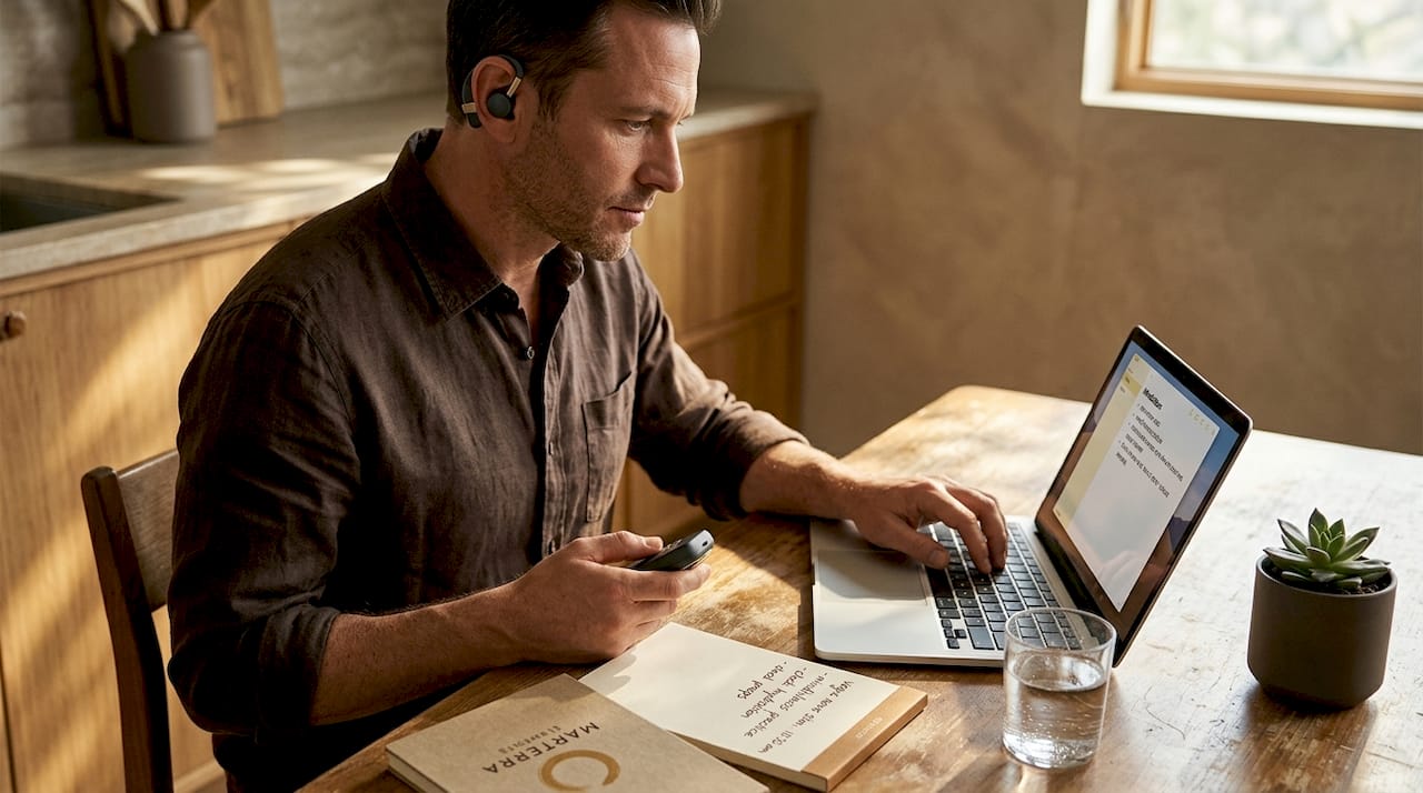 Man using ear vagus nerve device at kitchen table