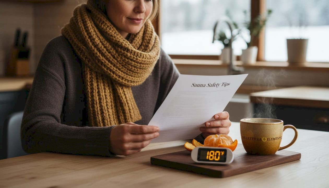 Woman reviewing at-home sauna safety information