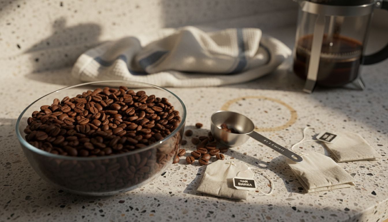 На плота са разпилени зърна кафе и пакетчета чай.